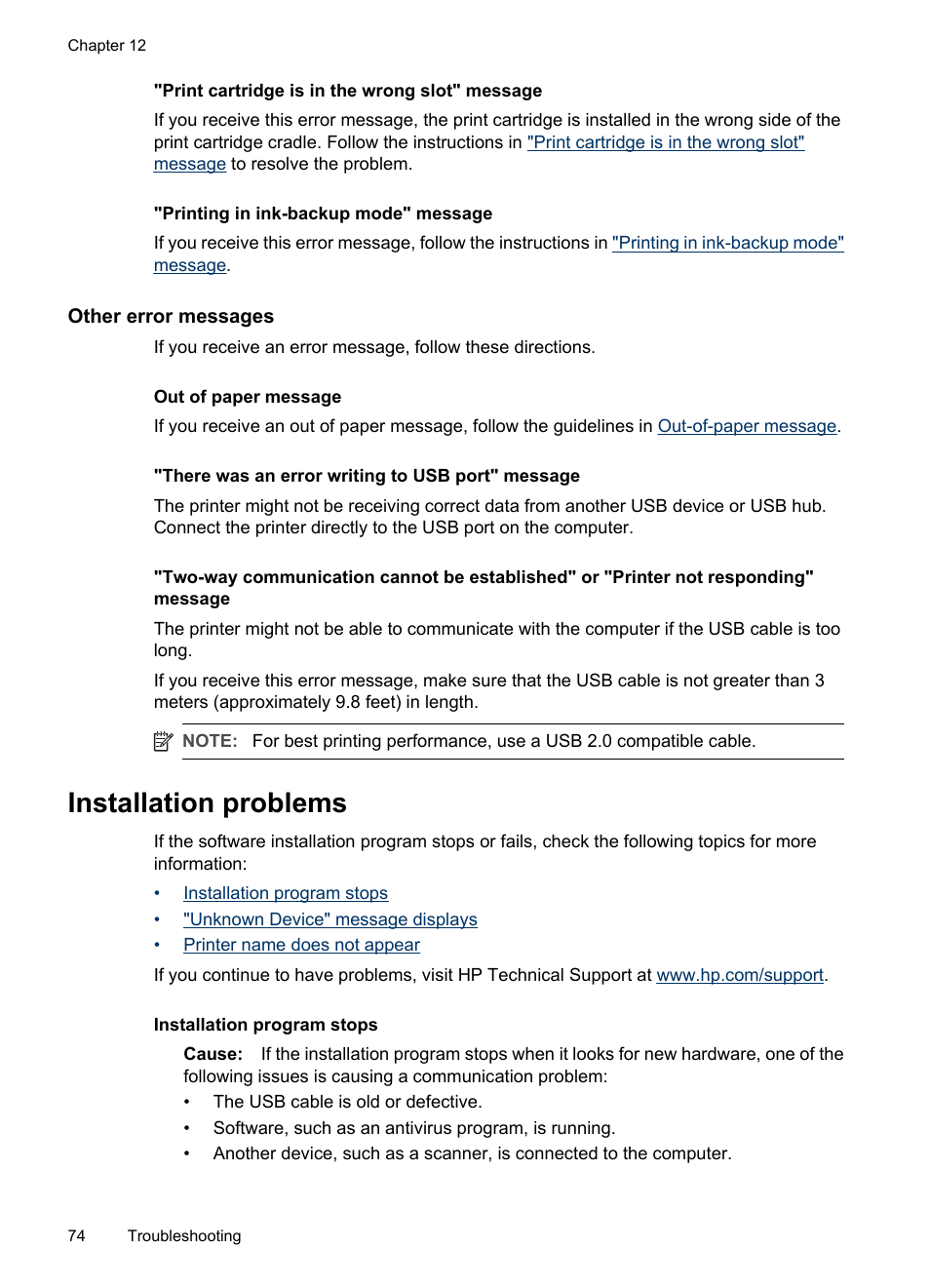 Other error messages, Installation problems | HP Deskjet D4268 Printer User Manual | Page 76 / 116