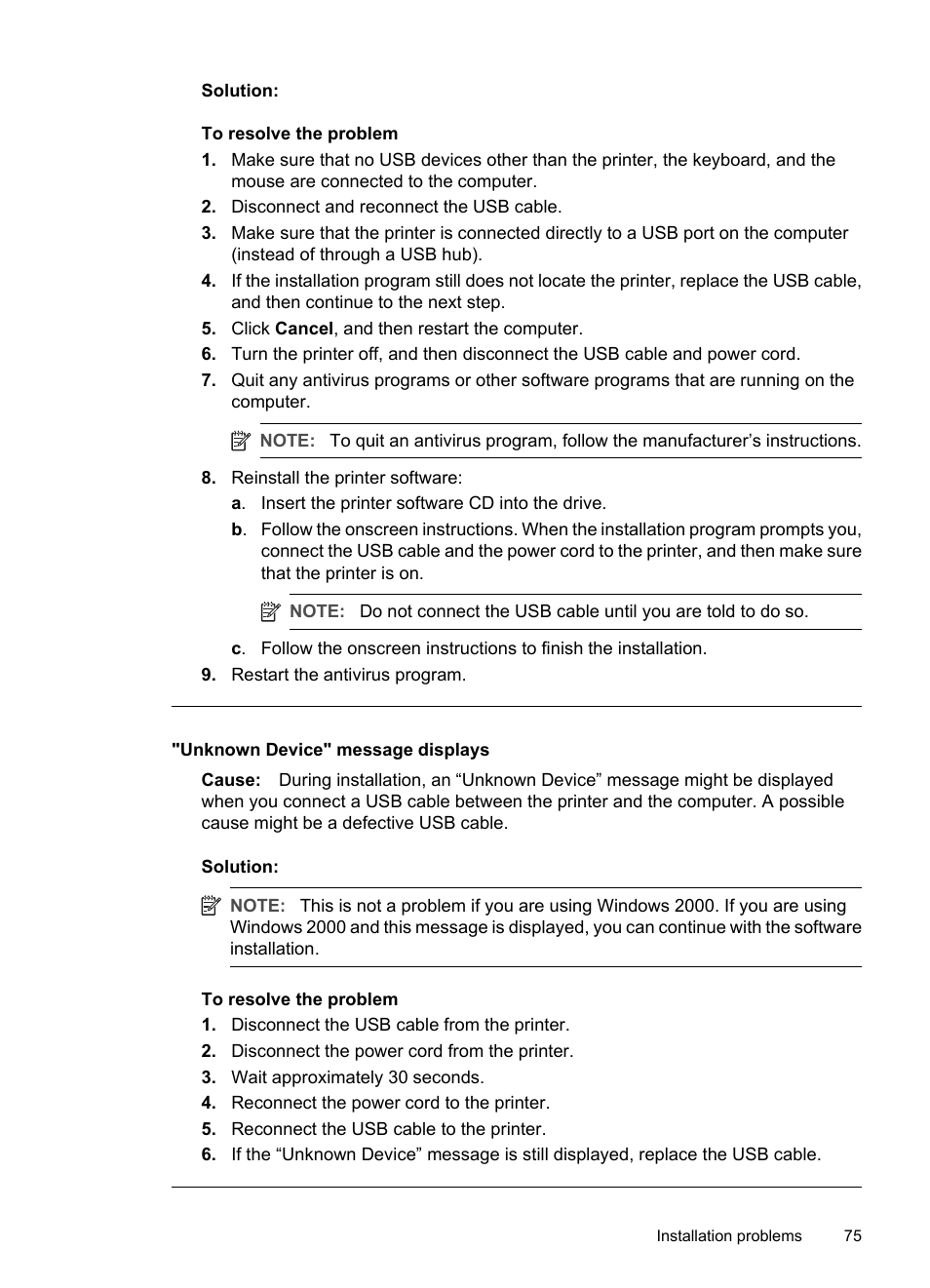 Unknown device" message displays | HP Deskjet D4268 Printer User Manual | Page 77 / 116