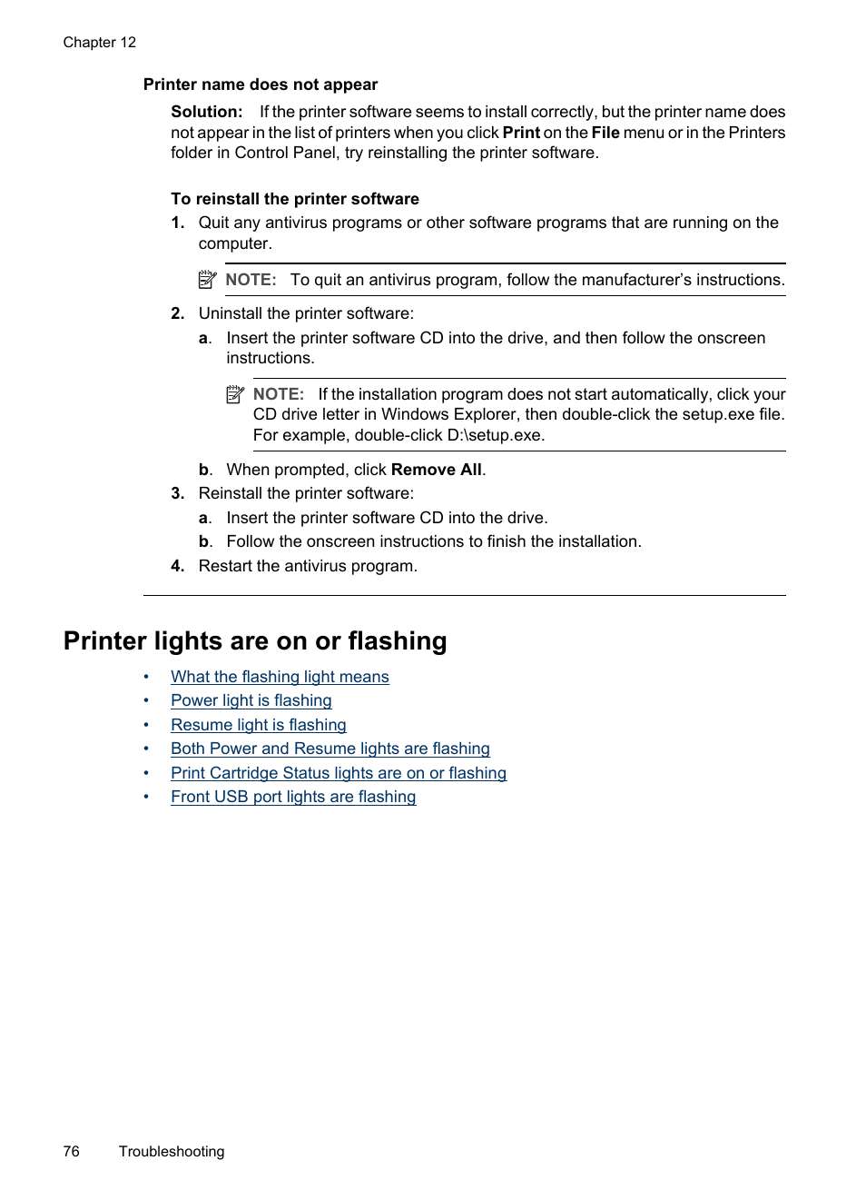 Printer lights are on or flashing, Printer name does not appear | HP Deskjet D4268 Printer User Manual | Page 78 / 116