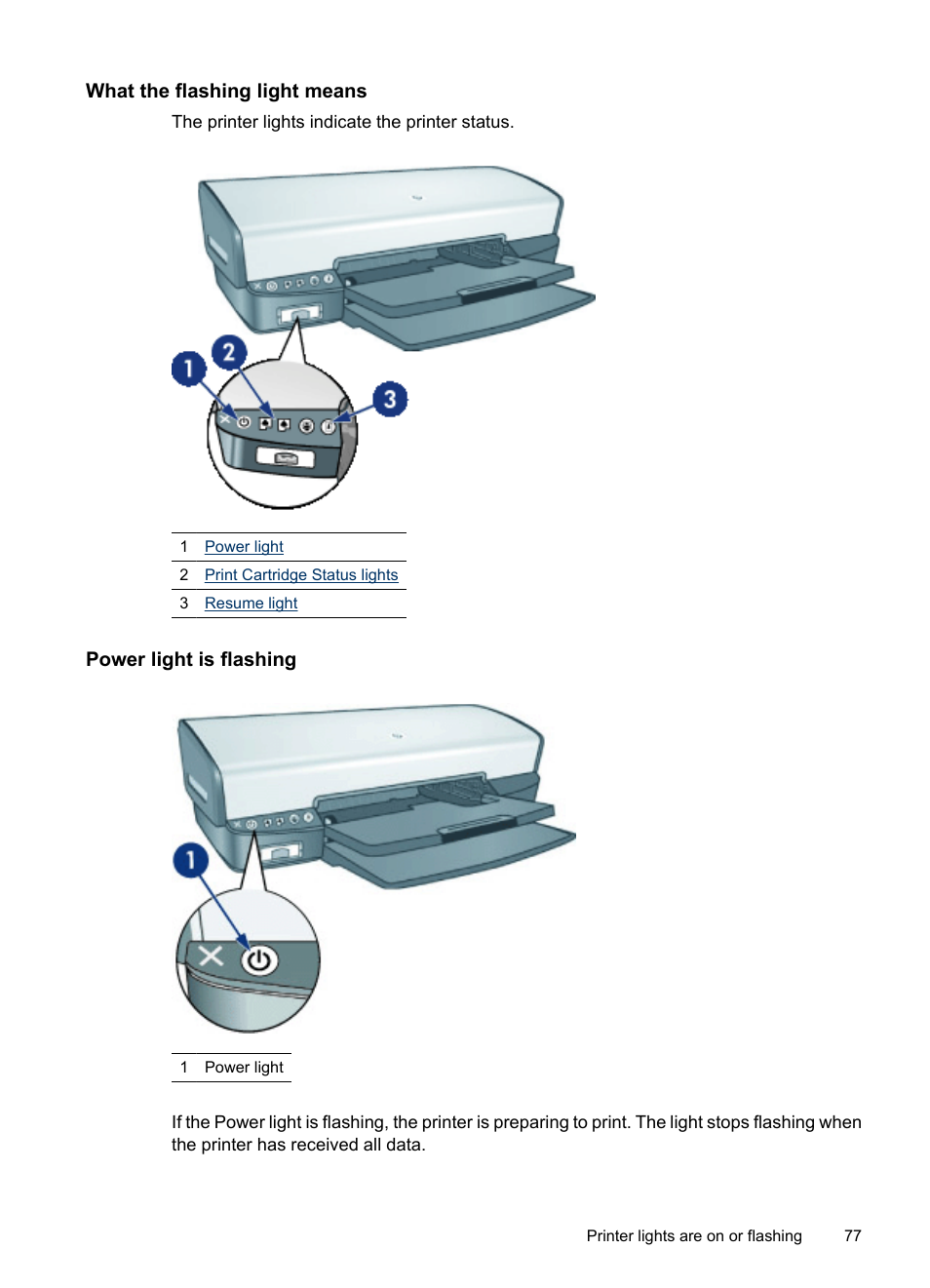 What the flashing light means, Power light is flashing | HP Deskjet D4268 Printer User Manual | Page 79 / 116