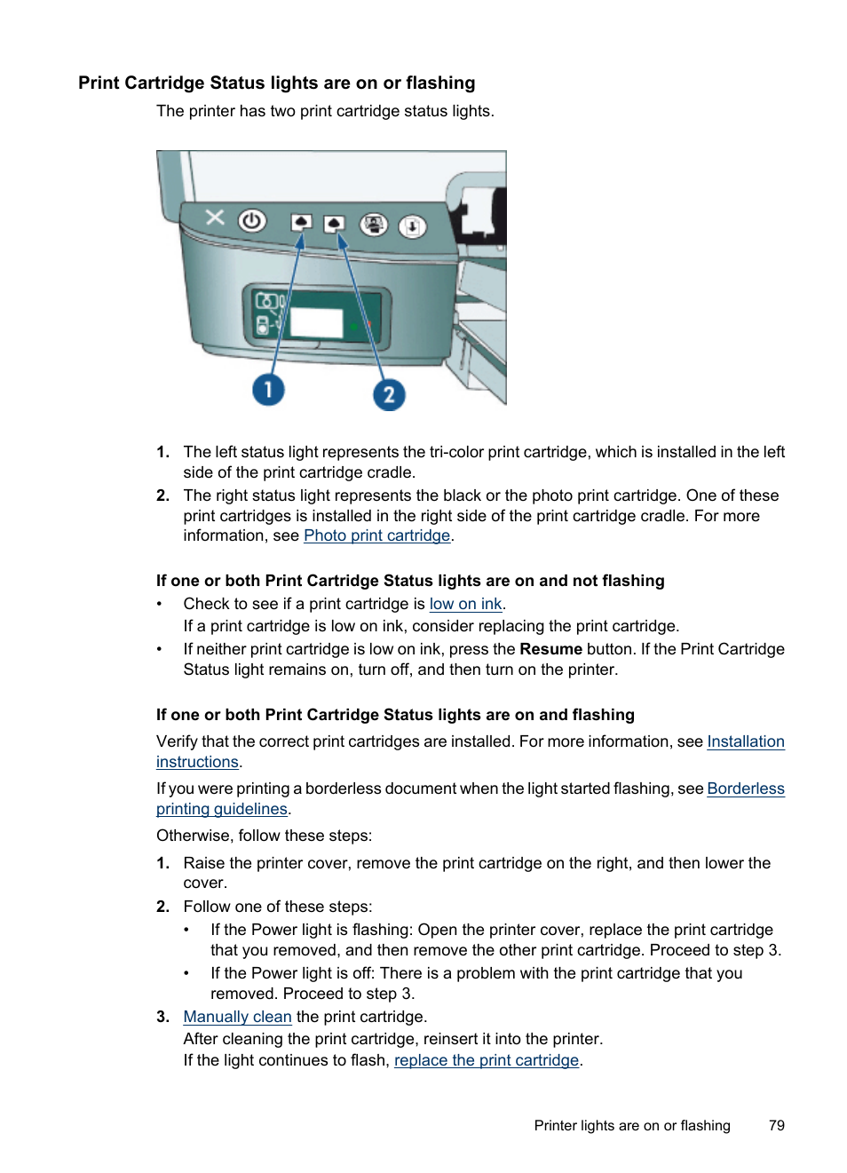 Print cartridge status lights are on or flashing | HP Deskjet D4268 Printer User Manual | Page 81 / 116