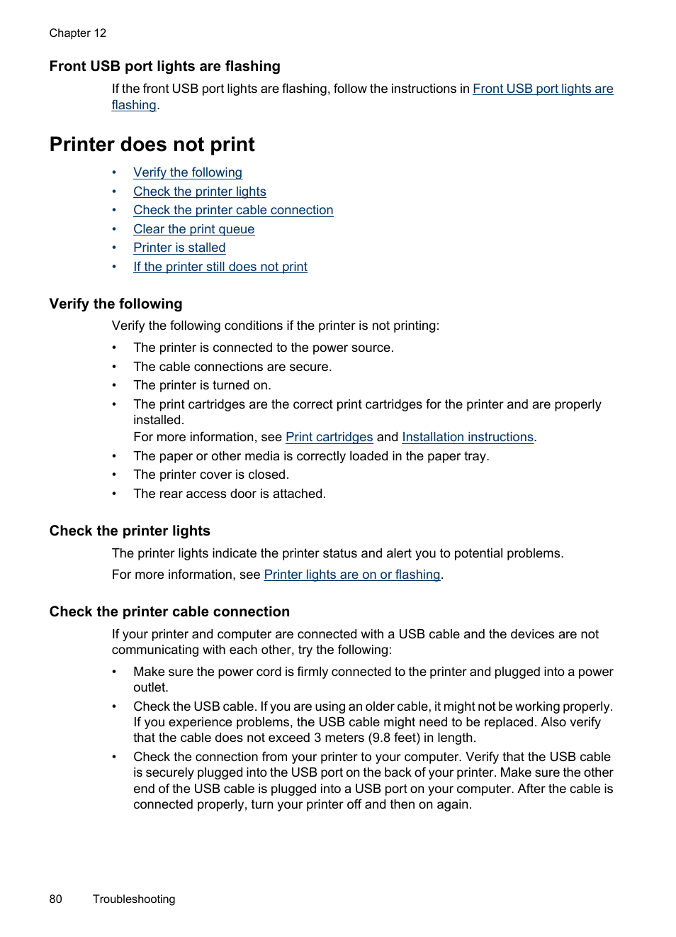 Front usb port lights are flashing, Printer does not print, Verify the following | Check the printer lights, Check the printer cable connection | HP Deskjet D4268 Printer User Manual | Page 82 / 116