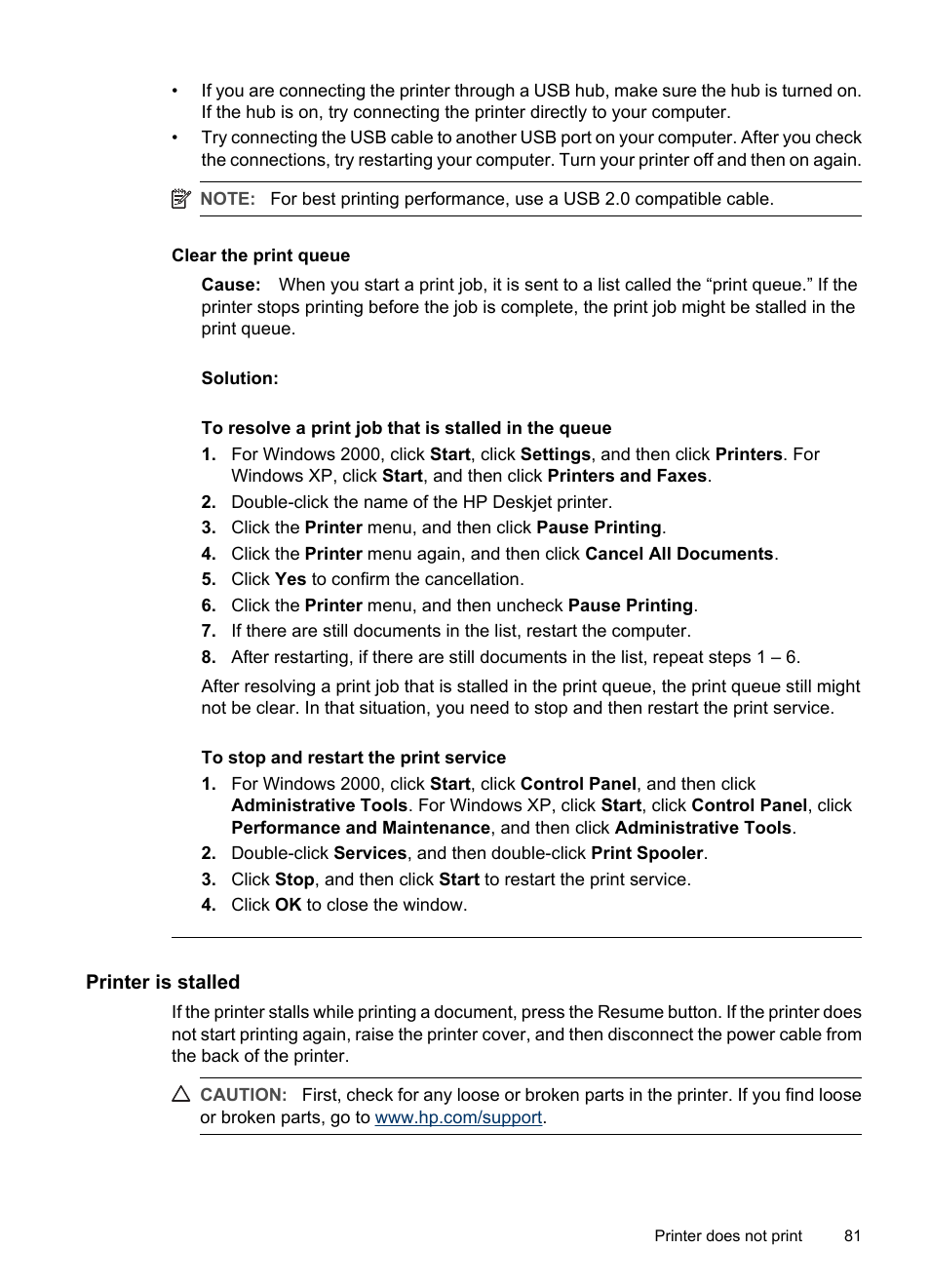 Printer is stalled, Printer is, Stalled | Clear the print queue | HP Deskjet D4268 Printer User Manual | Page 83 / 116