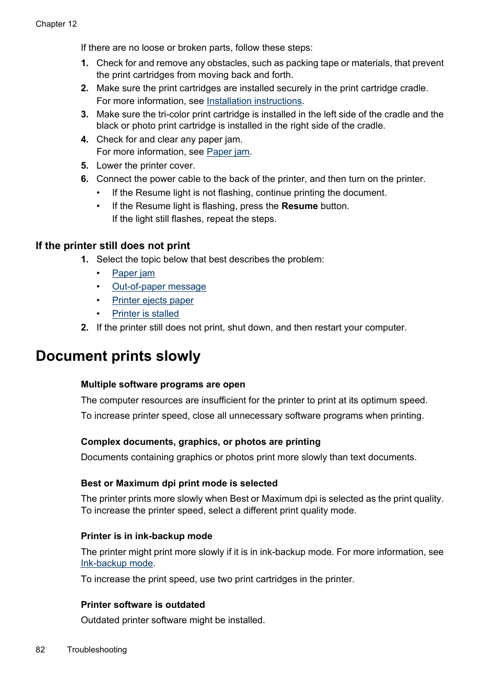 If the printer still does not print, Document prints slowly | HP Deskjet D4268 Printer User Manual | Page 84 / 116