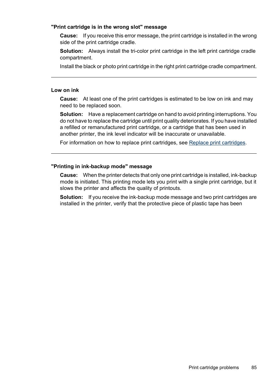 Print cartridge is in the wrong slot, Message, Printing in ink-backup mode | Print cartridge is in the wrong slot" message, Low on ink, Printing in ink-backup mode" message | HP Deskjet D4268 Printer User Manual | Page 87 / 116