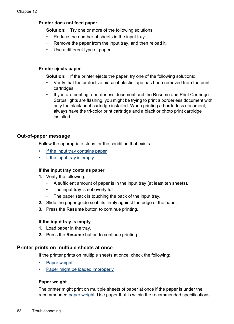 Out-of-paper message, Printer prints on multiple sheets at once, Printer ejects paper | Printer does not feed paper | HP Deskjet D4268 Printer User Manual | Page 90 / 116