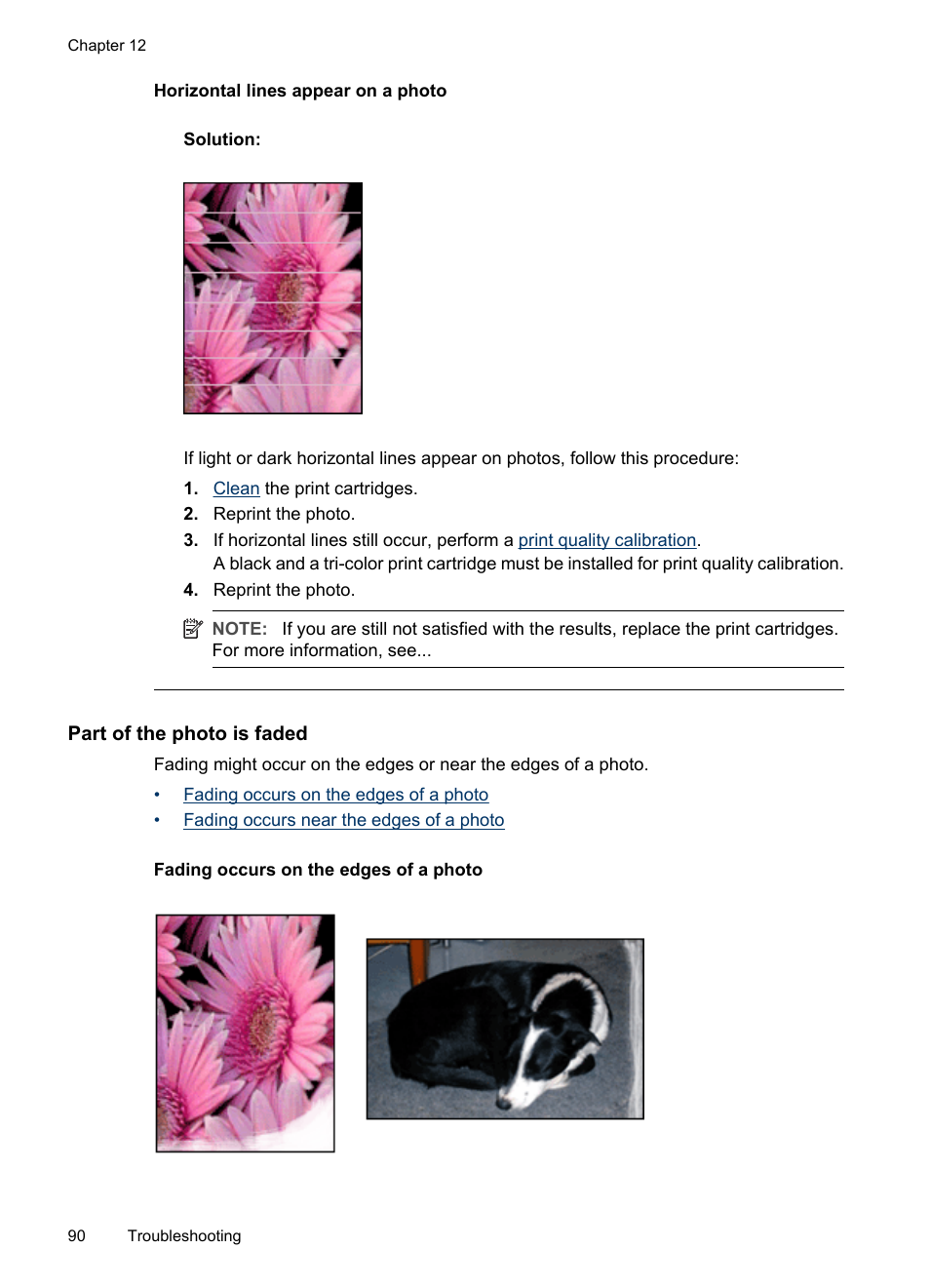 Part of the photo is faded, Fading occurs on the edges of a photo, Horizontal lines appear on a photo | HP Deskjet D4268 Printer User Manual | Page 92 / 116