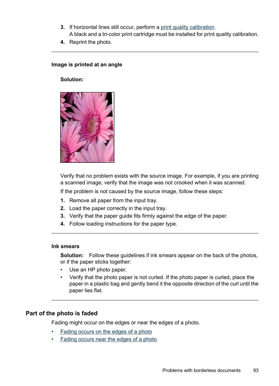 Part of the photo is faded, Image is printed at an angle, Ink smears | HP Deskjet D4268 Printer User Manual | Page 95 / 116