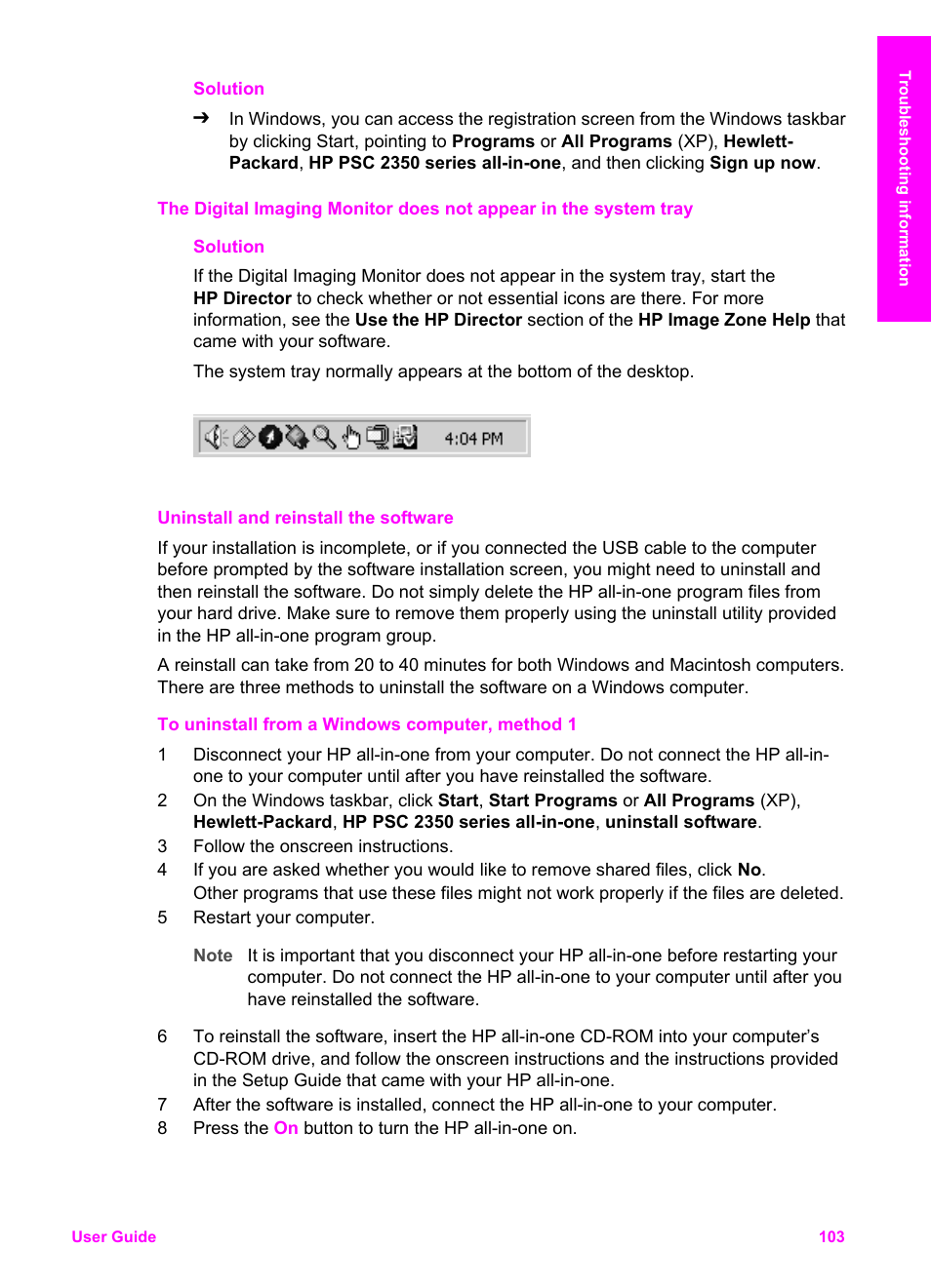 Uninstall and reinstall the software, Uninstall and, Reinstall the software | Uninstall and reinstall the, Software | HP PSC 2350 All-in-One Printer User Manual | Page 106 / 136