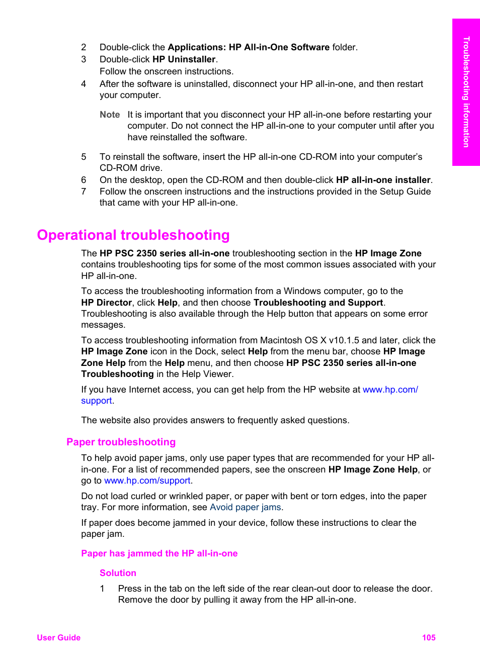 Operational troubleshooting, Paper troubleshooting, Clearing paper jams, see | HP PSC 2350 All-in-One Printer User Manual | Page 108 / 136