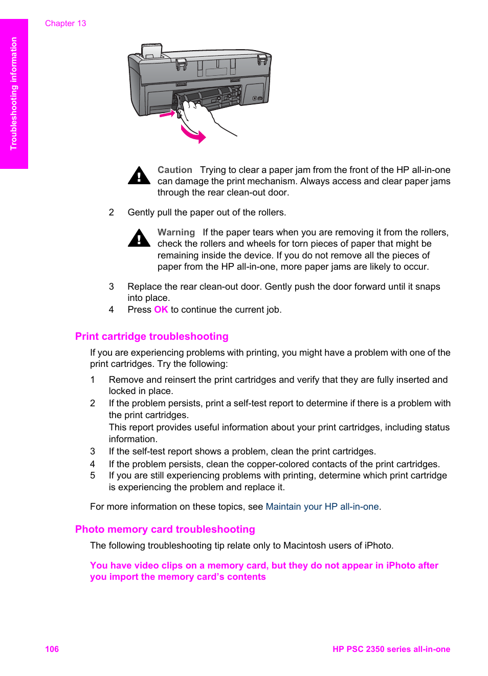 Print cartridge troubleshooting, Photo memory card troubleshooting | HP PSC 2350 All-in-One Printer User Manual | Page 109 / 136