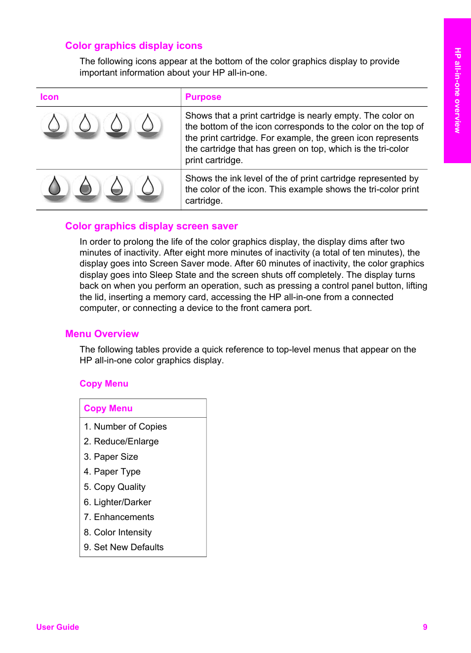 Color graphics display icons, Color graphics display screen saver, Menu overview | Copy menu, Scan to menu | HP PSC 2350 All-in-One Printer User Manual | Page 12 / 136