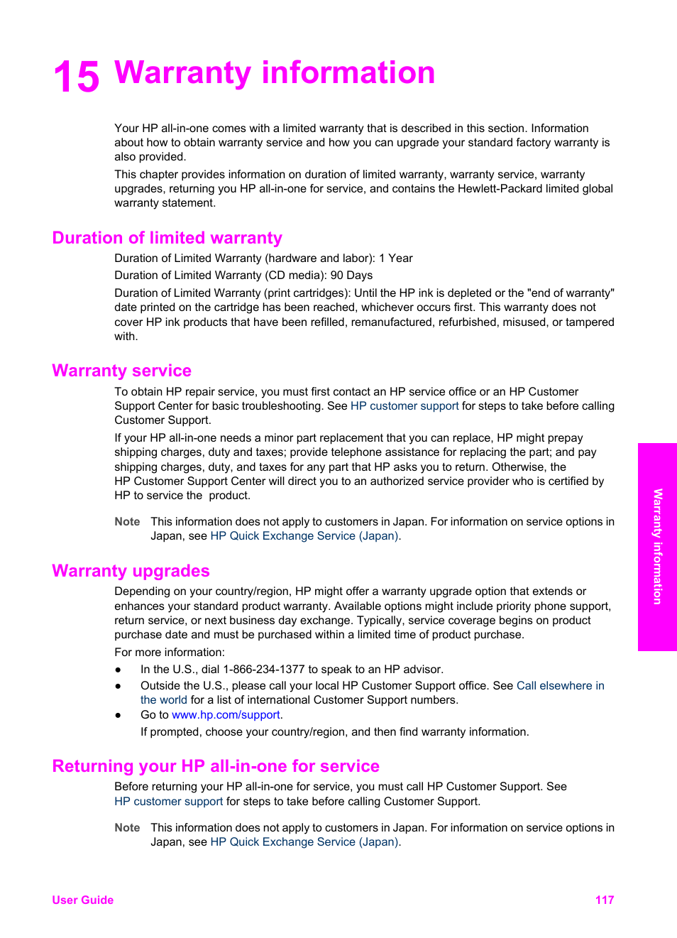 Warranty information, Duration of limited warranty, Warranty service | Warranty upgrades, Returning your hp all-in-one for service, 15 warranty information, Duration of limited warranty warranty service | HP PSC 2350 All-in-One Printer User Manual | Page 120 / 136