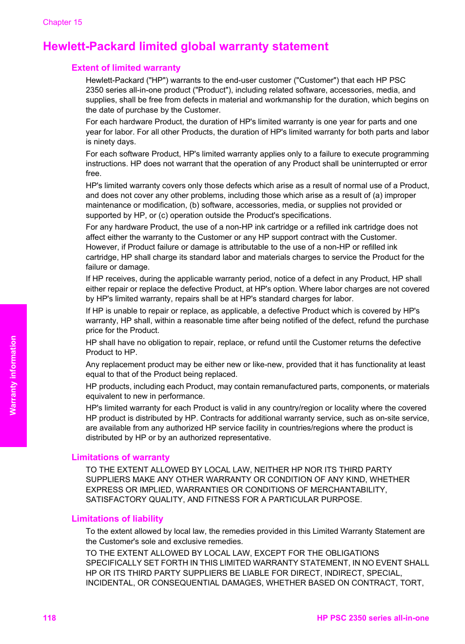 Hewlett-packard limited global warranty statement, Extent of limited warranty, Limitations of warranty | Limitations of liability | HP PSC 2350 All-in-One Printer User Manual | Page 121 / 136