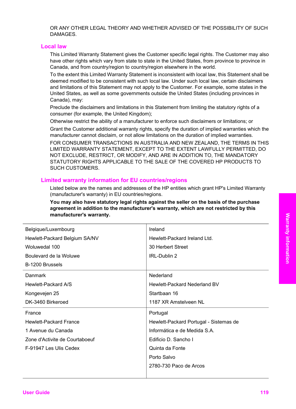 Local law | HP PSC 2350 All-in-One Printer User Manual | Page 122 / 136