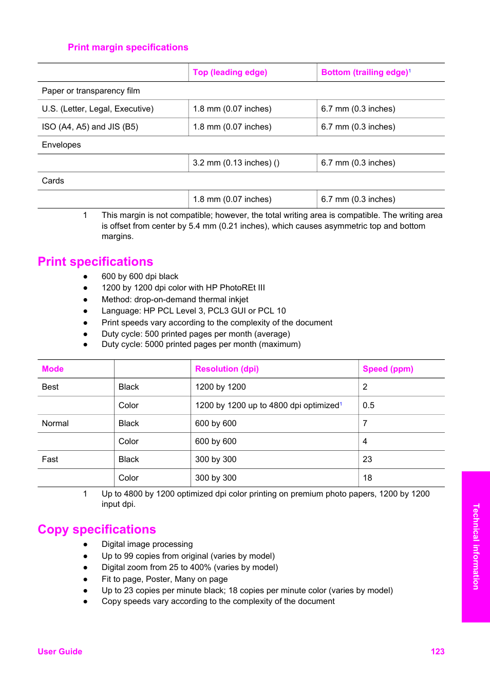 Print margin specifications, Print specifications, Copy specifications | Print specifications copy specifications | HP PSC 2350 All-in-One Printer User Manual | Page 126 / 136