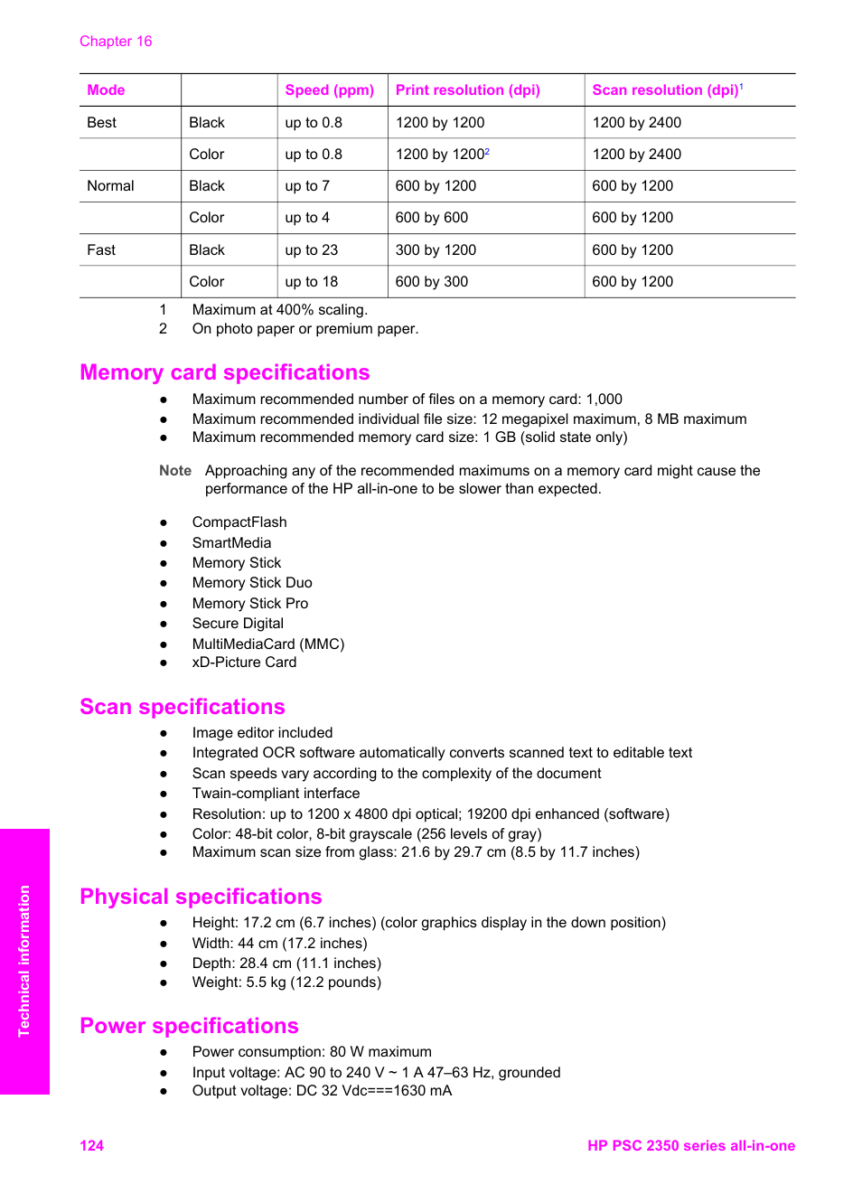 Memory card specifications, Scan specifications, Physical specifications | Power specifications | HP PSC 2350 All-in-One Printer User Manual | Page 127 / 136