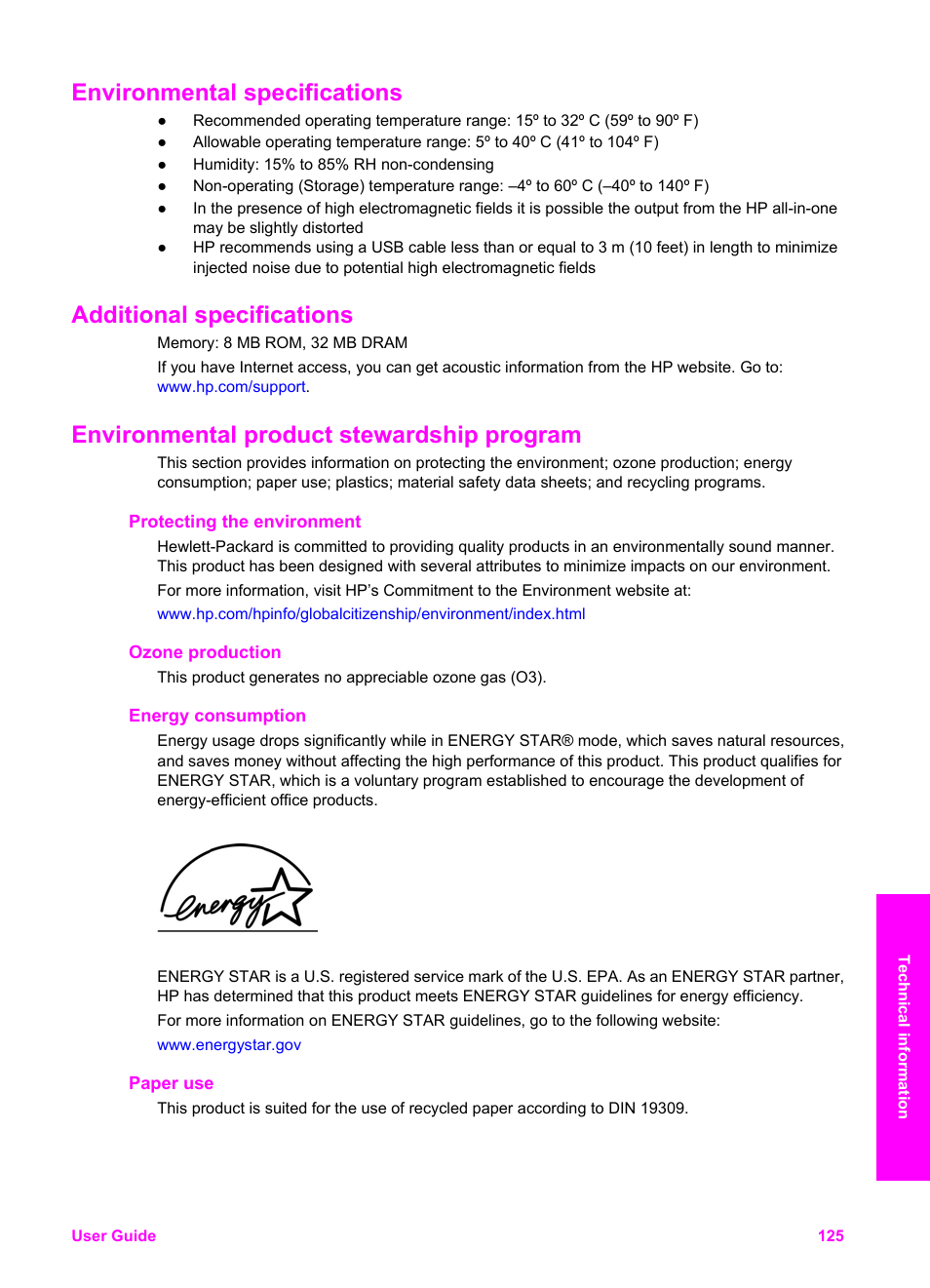 Environmental specifications, Additional specifications, Environmental product stewardship program | Protecting the environment, Ozone production, Energy consumption, Paper use | HP PSC 2350 All-in-One Printer User Manual | Page 128 / 136