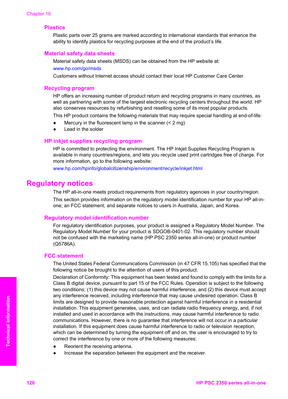 Plastics, Material safety data sheets, Recycling program | Hp inkjet supplies recycling program, Regulatory notices, Regulatory model identification number, Fcc statement | HP PSC 2350 All-in-One Printer User Manual | Page 129 / 136