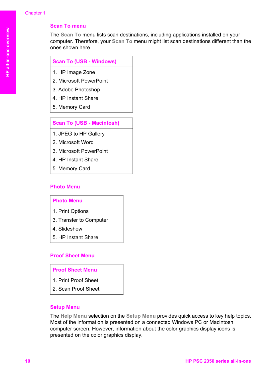 Photo menu, Proof sheet menu, Setup menu | HP PSC 2350 All-in-One Printer User Manual | Page 13 / 136