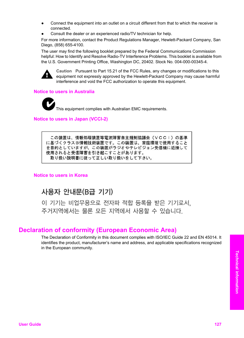 Notice to users in australia, Notice to users in japan (vcci-2), Notice to users in korea | Declaration of conformity (european economic area) | HP PSC 2350 All-in-One Printer User Manual | Page 130 / 136