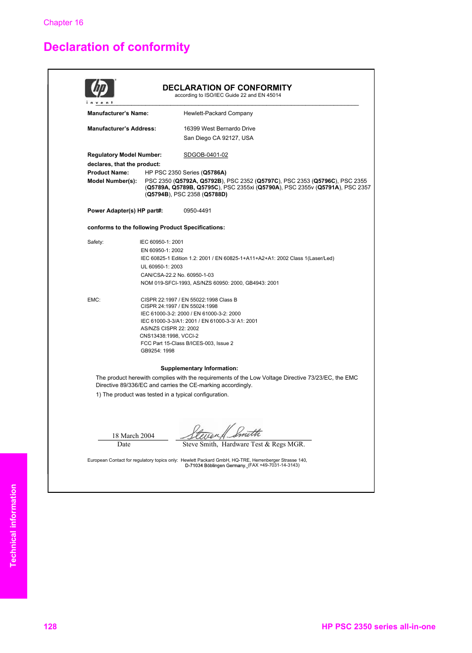 Declaration of conformity | HP PSC 2350 All-in-One Printer User Manual | Page 131 / 136