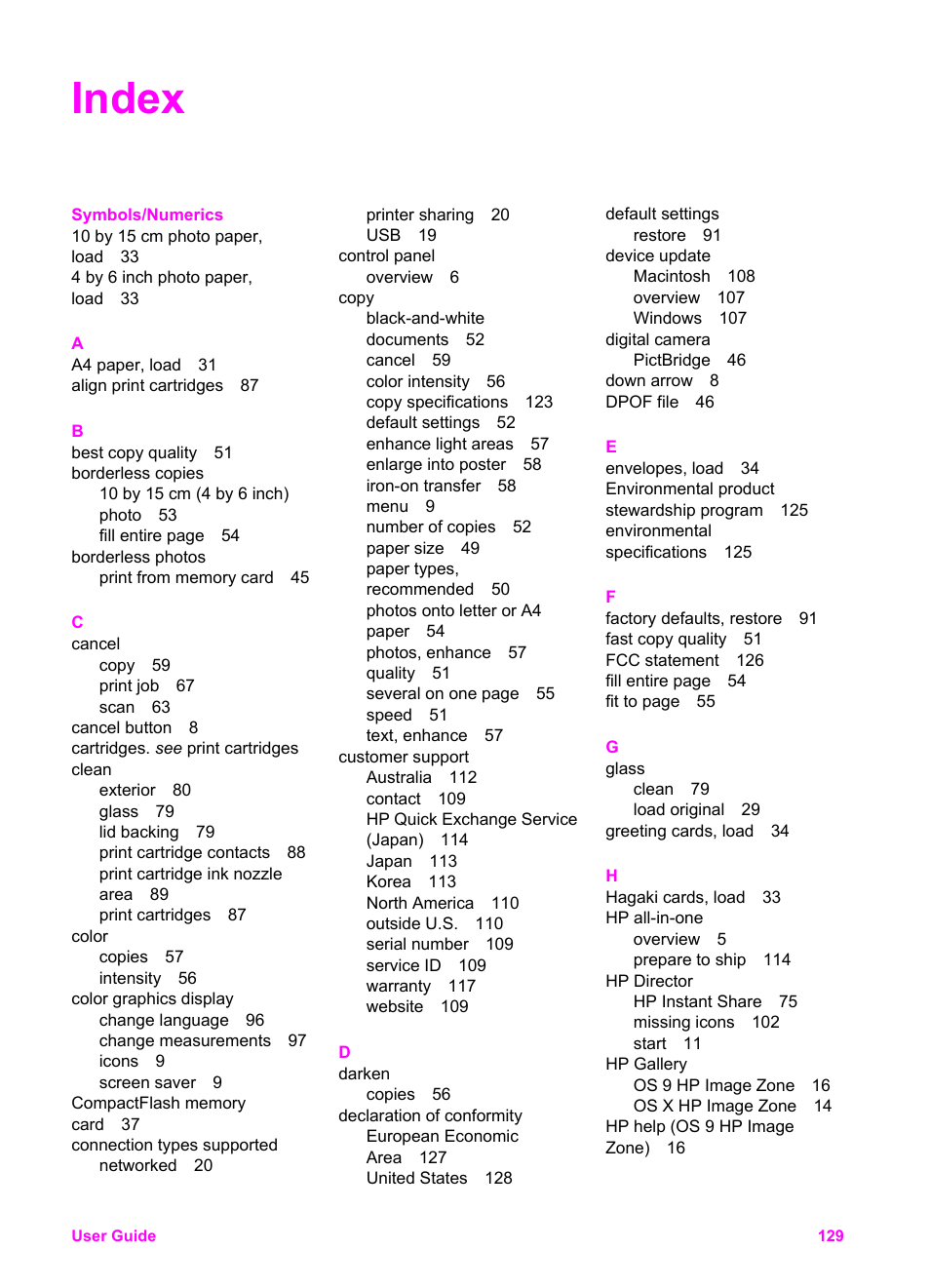 Index | HP PSC 2350 All-in-One Printer User Manual | Page 132 / 136