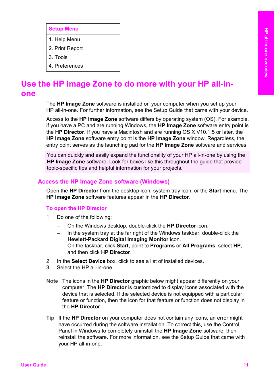 Access the hp image zone software (windows) | HP PSC 2350 All-in-One Printer User Manual | Page 14 / 136