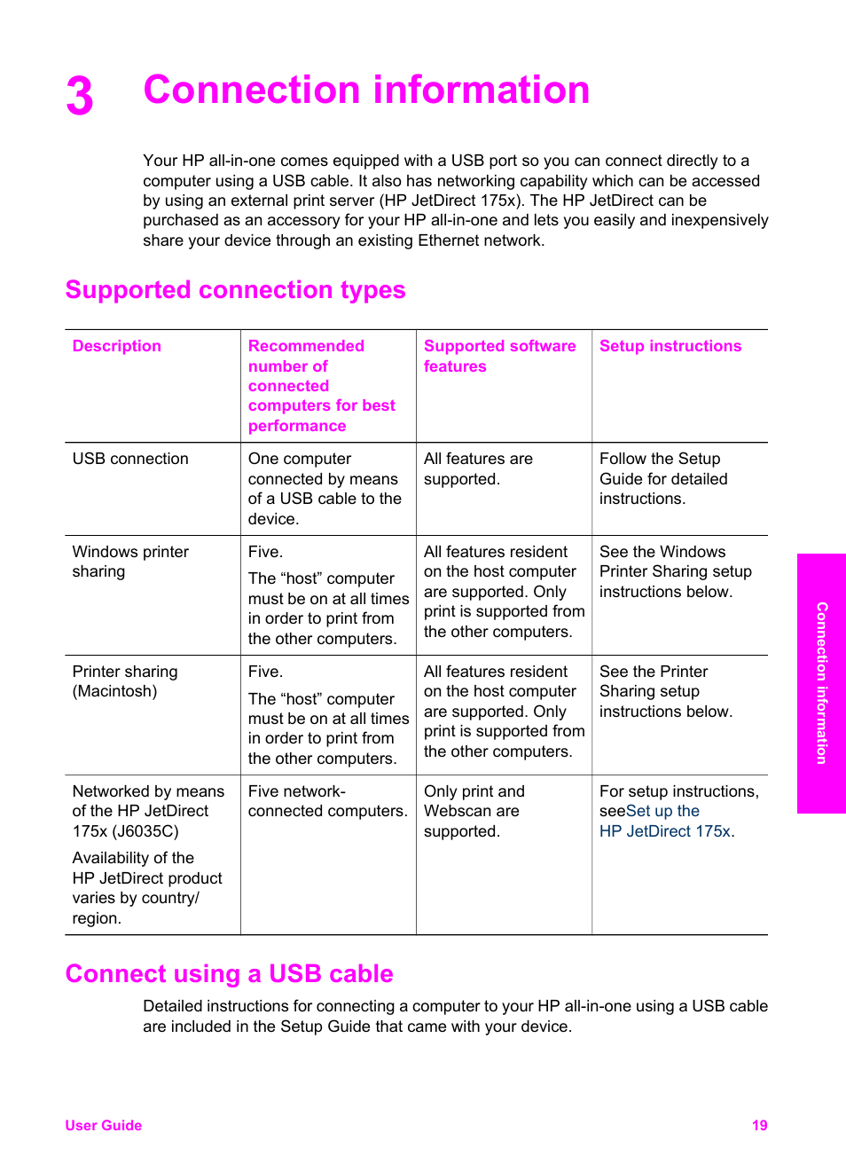 Connection information, Supported connection types, Connect using a usb cable | HP PSC 2350 All-in-One Printer User Manual | Page 22 / 136