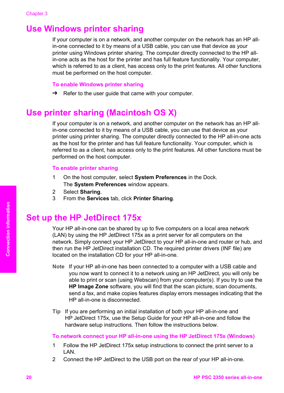 Use windows printer sharing, Use printer sharing (macintosh os x), Set up the hp jetdirect 175x | HP PSC 2350 All-in-One Printer User Manual | Page 23 / 136