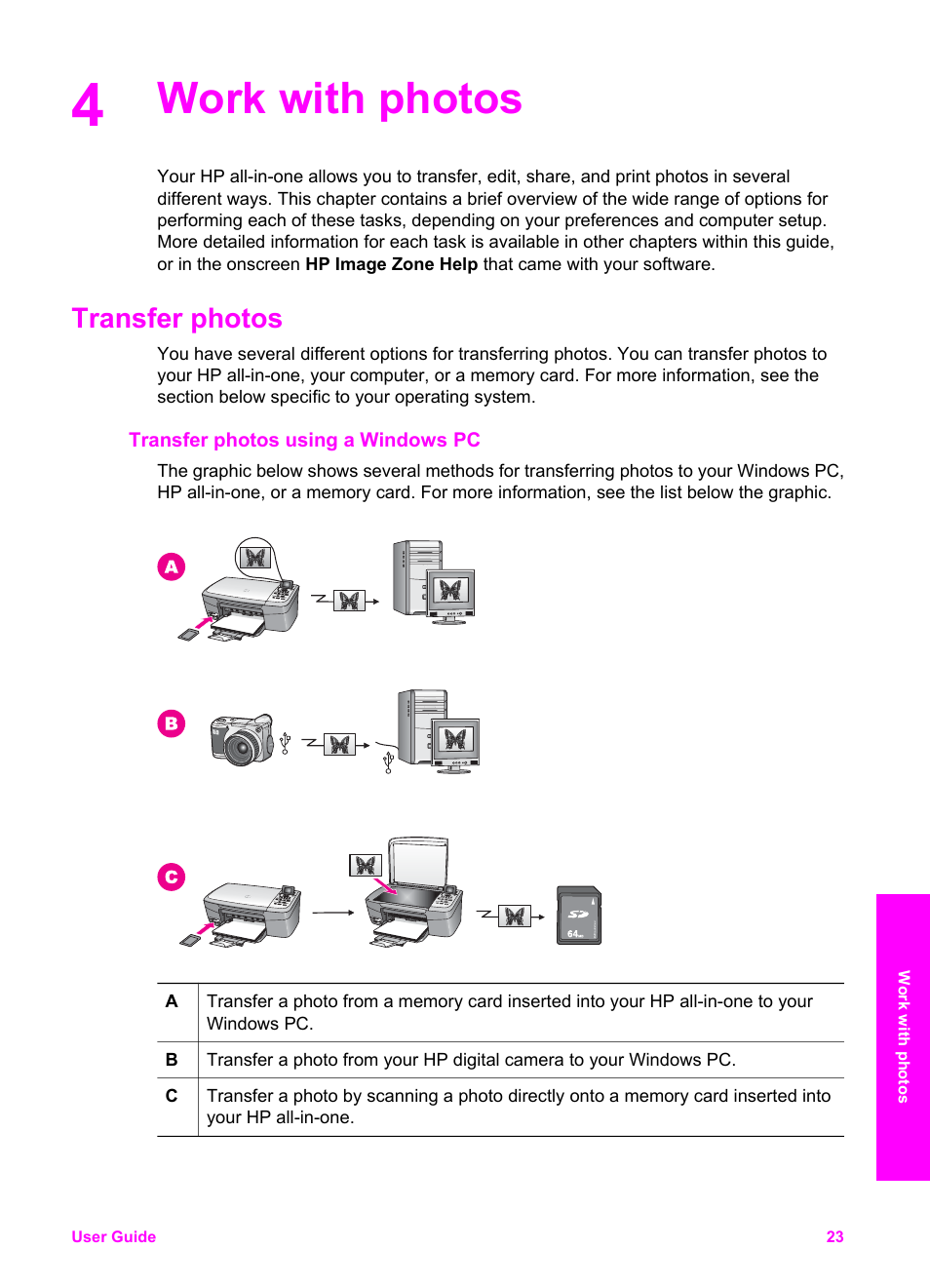 Work with photos, Transfer photos, Transfer photos using a windows pc | HP PSC 2350 All-in-One Printer User Manual | Page 26 / 136