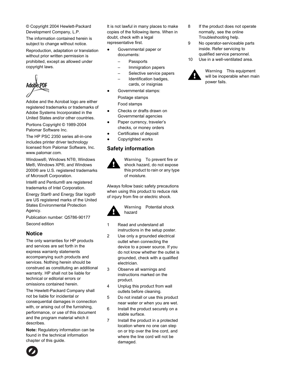 Notice, Safety information | HP PSC 2350 All-in-One Printer User Manual | Page 3 / 136