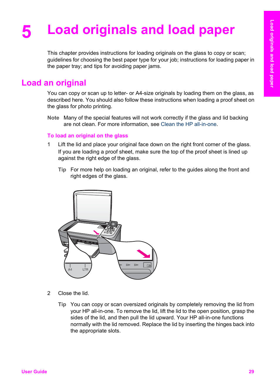 Load originals and load paper, Load an original | HP PSC 2350 All-in-One Printer User Manual | Page 32 / 136