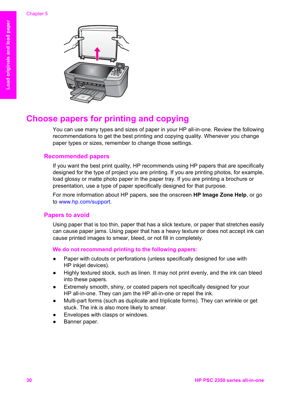 Choose papers for printing and copying, Recommended papers, Papers to avoid | HP PSC 2350 All-in-One Printer User Manual | Page 33 / 136