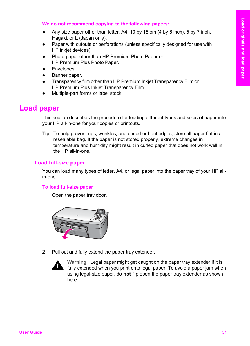Load paper, Load full-size paper | HP PSC 2350 All-in-One Printer User Manual | Page 34 / 136