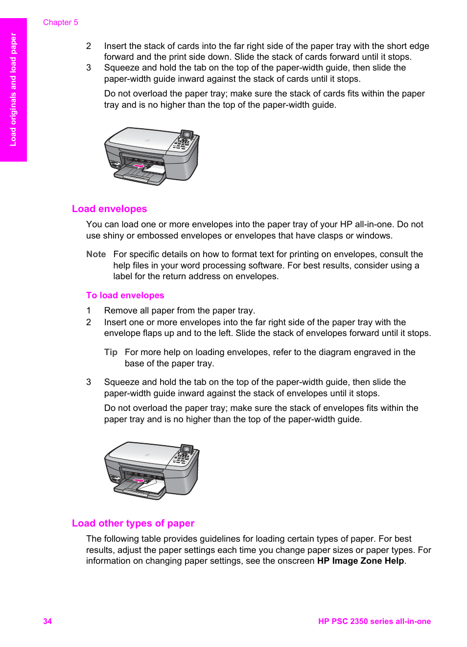 Load envelopes, Load other types of paper | HP PSC 2350 All-in-One Printer User Manual | Page 37 / 136