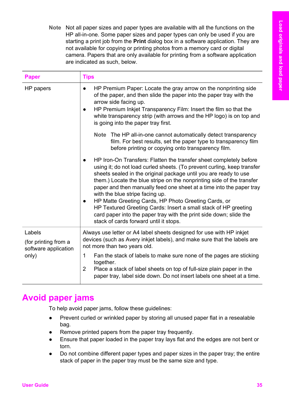 Avoid paper jams | HP PSC 2350 All-in-One Printer User Manual | Page 38 / 136