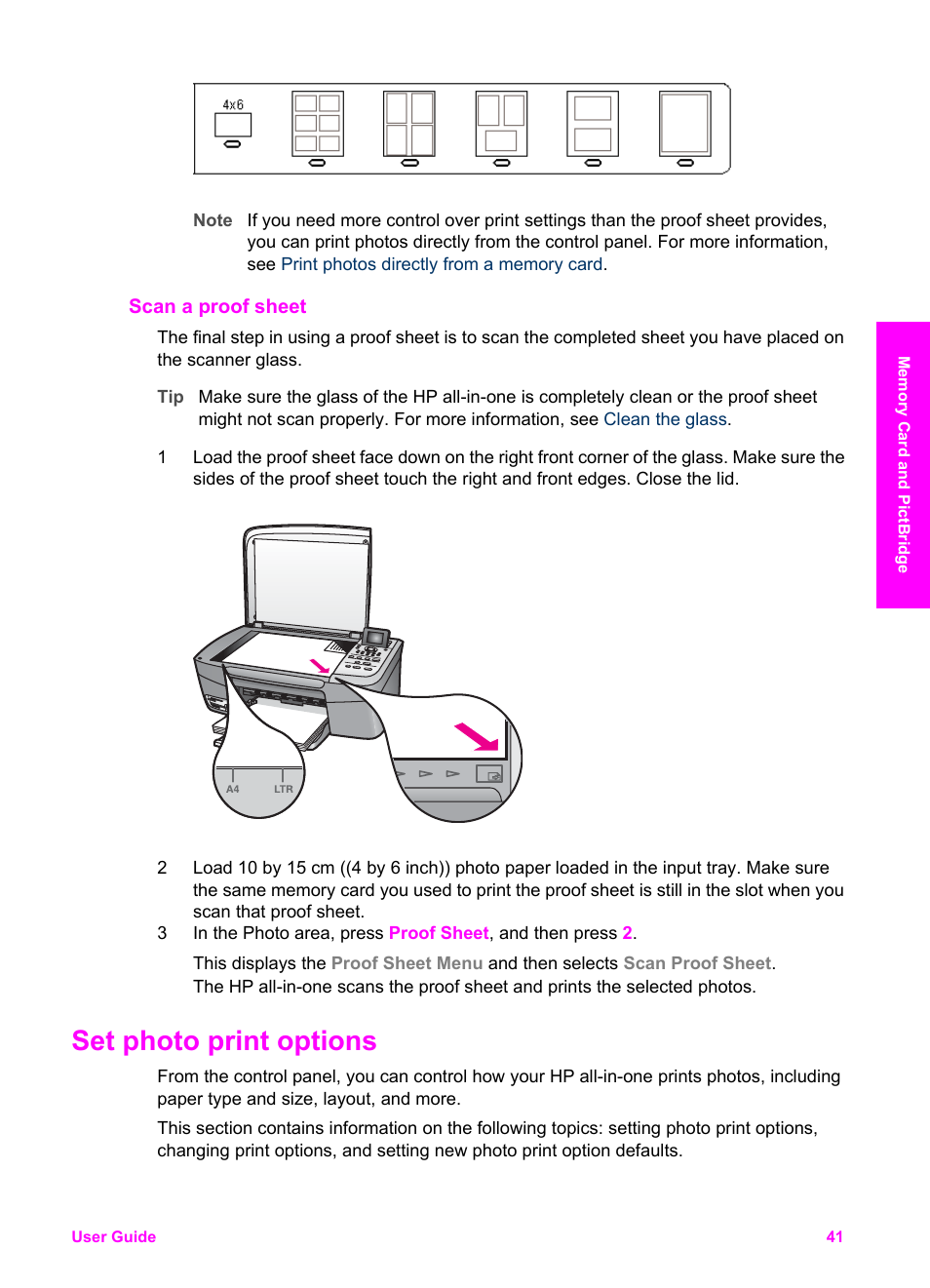 Scan a proof sheet, Set photo print options | HP PSC 2350 All-in-One Printer User Manual | Page 44 / 136