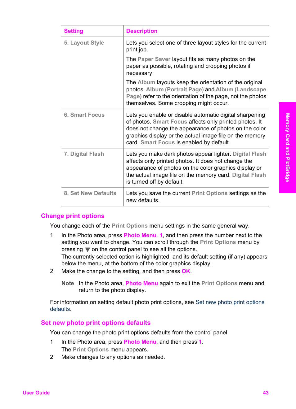 Change print options, Set new photo print options defaults | HP PSC 2350 All-in-One Printer User Manual | Page 46 / 136