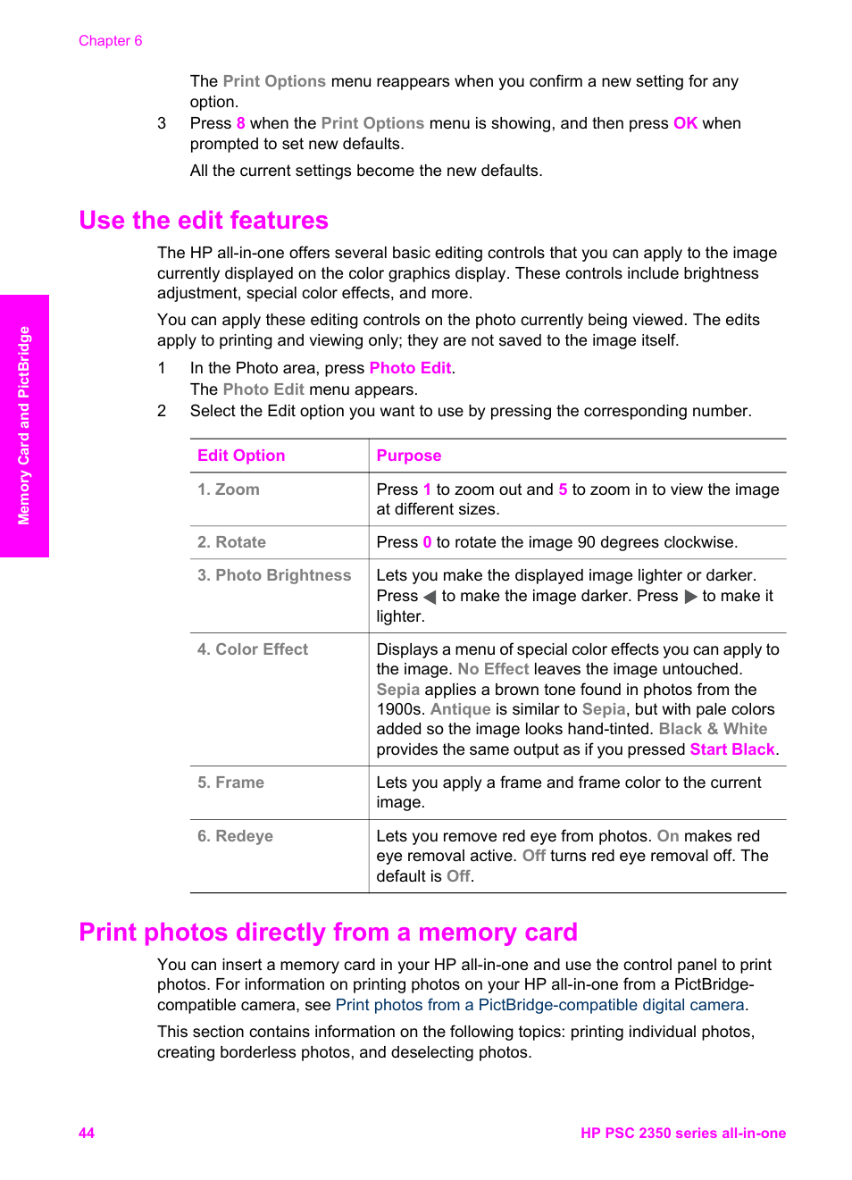 Use the edit features, Print photos directly from a memory card | HP PSC 2350 All-in-One Printer User Manual | Page 47 / 136