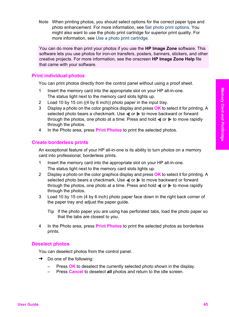 Print individual photos, Create borderless prints, Deselect photos | HP PSC 2350 All-in-One Printer User Manual | Page 48 / 136
