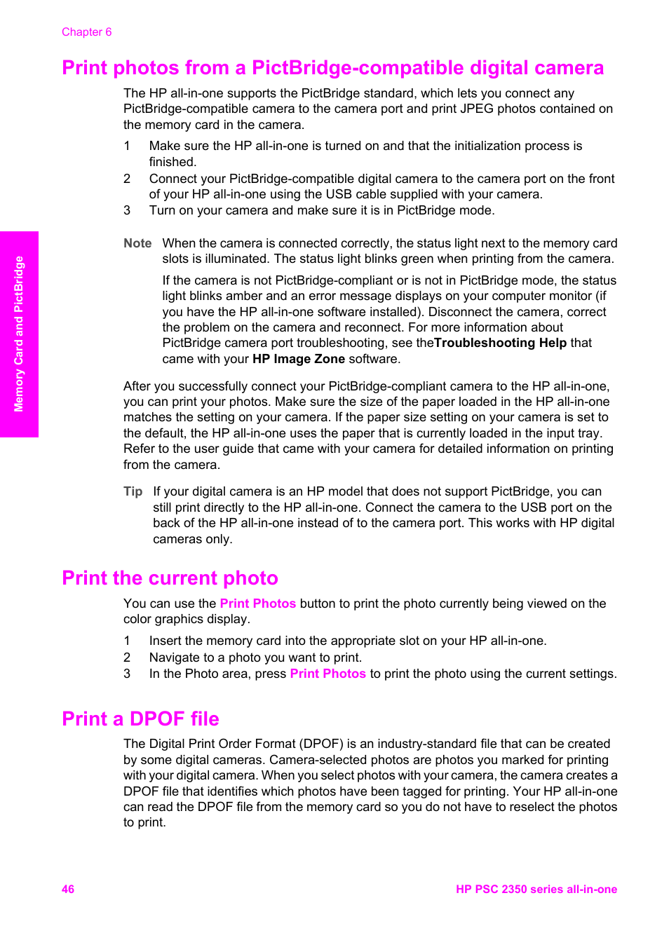 Print the current photo, Print a dpof file | HP PSC 2350 All-in-One Printer User Manual | Page 49 / 136