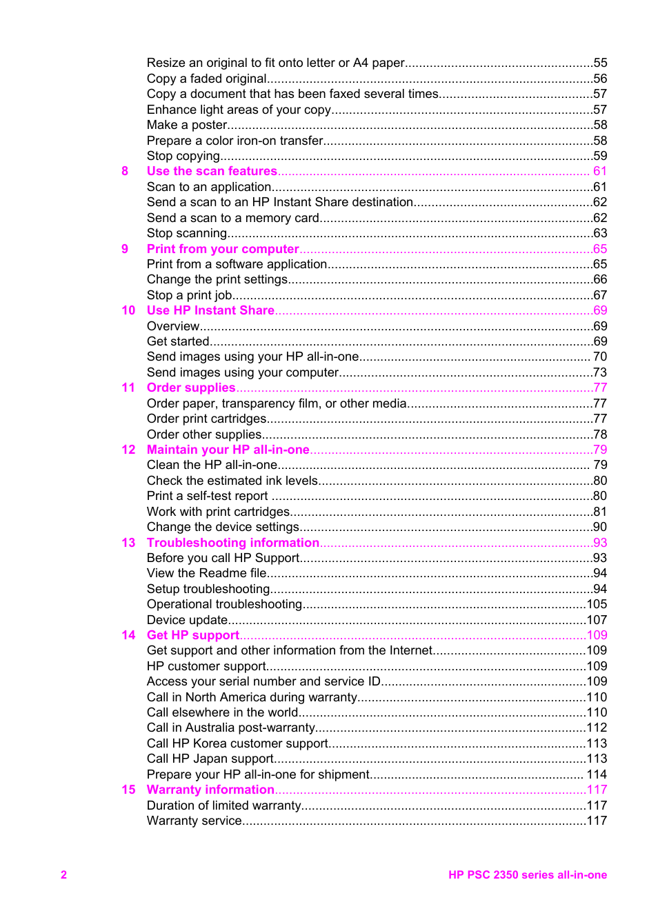 HP PSC 2350 All-in-One Printer User Manual | Page 5 / 136