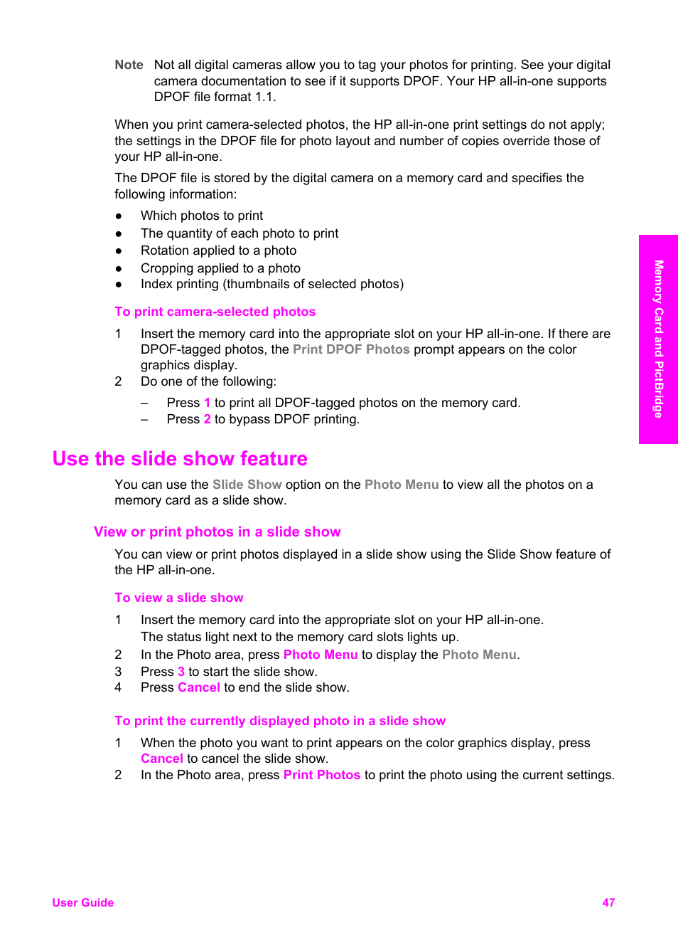 Use the slide show feature, View or print photos in a slide show | HP PSC 2350 All-in-One Printer User Manual | Page 50 / 136