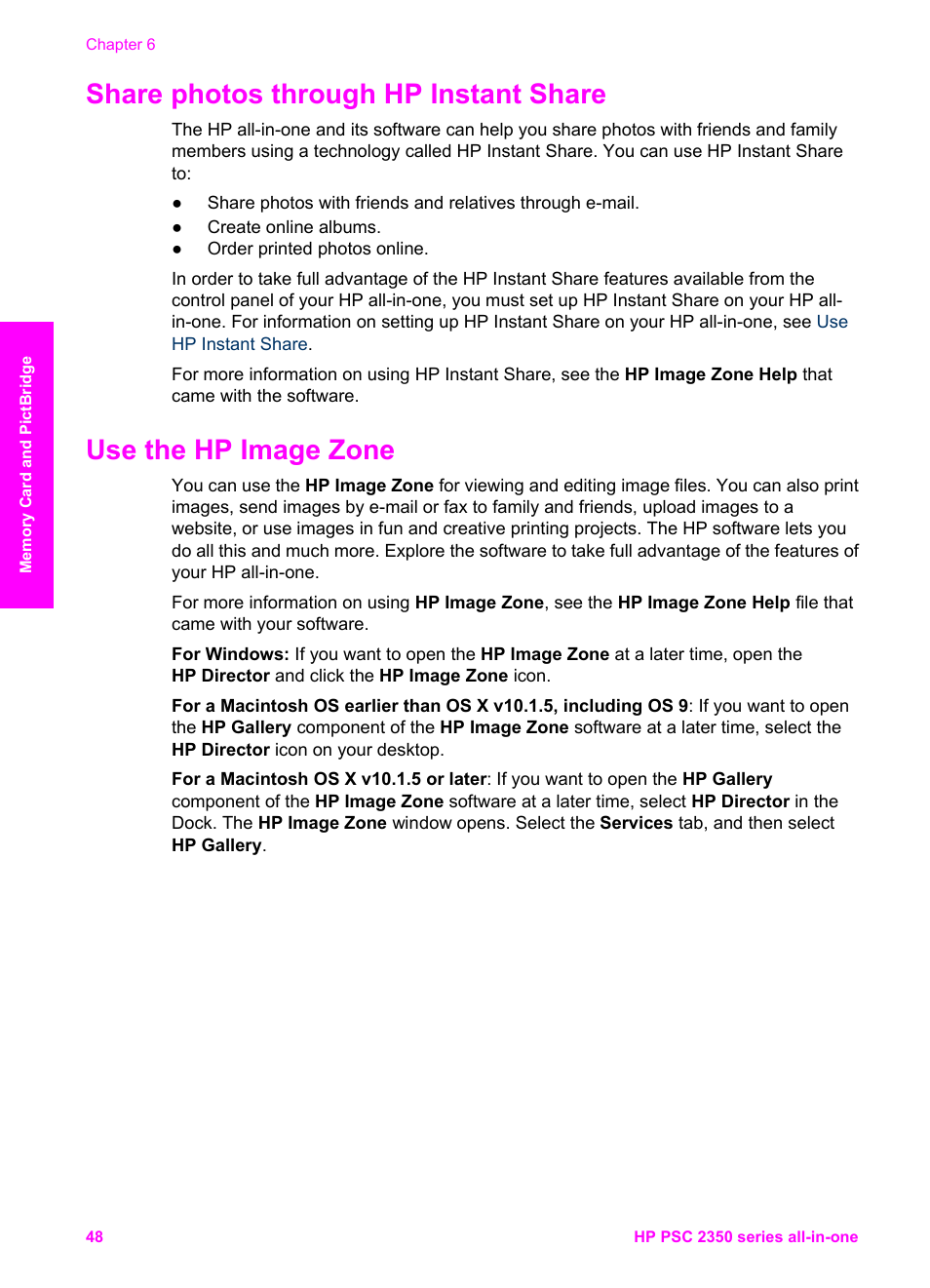 Share photos through hp instant share, Use the hp image zone | HP PSC 2350 All-in-One Printer User Manual | Page 51 / 136