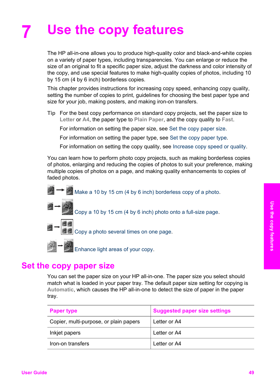 Use the copy features, Set the copy paper size | HP PSC 2350 All-in-One Printer User Manual | Page 52 / 136