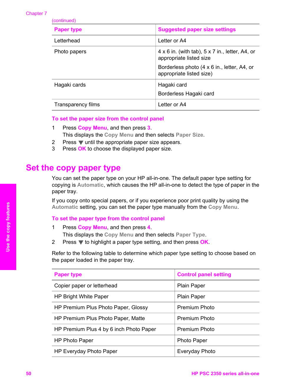 Set the copy paper type | HP PSC 2350 All-in-One Printer User Manual | Page 53 / 136