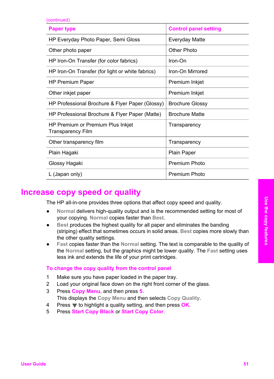 Increase copy speed or quality | HP PSC 2350 All-in-One Printer User Manual | Page 54 / 136