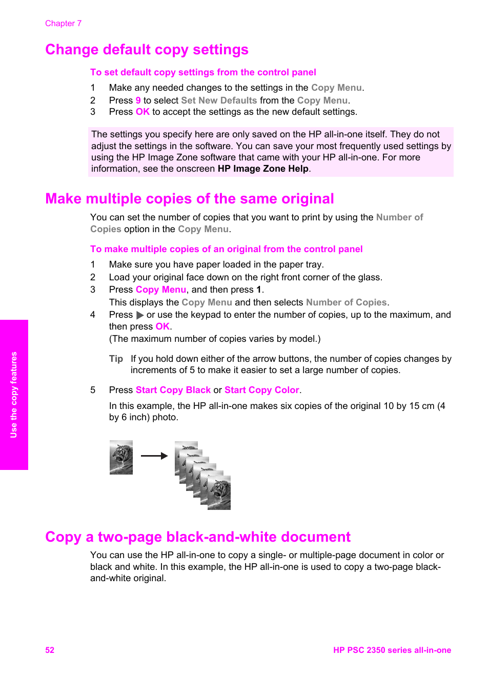 Change default copy settings, Make multiple copies of the same original, Copy a two-page black-and-white document | HP PSC 2350 All-in-One Printer User Manual | Page 55 / 136