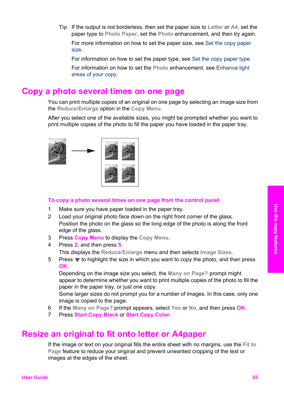 Resize an original to fit onto letter or a4 paper, Copy a photo several times on one page, Resize an original to fit onto letter or a4paper | HP PSC 2350 All-in-One Printer User Manual | Page 58 / 136